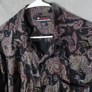 Vintage Guess Jeans Shirt Mens Large Black Dragon All Over Print Rayon Y2K Party